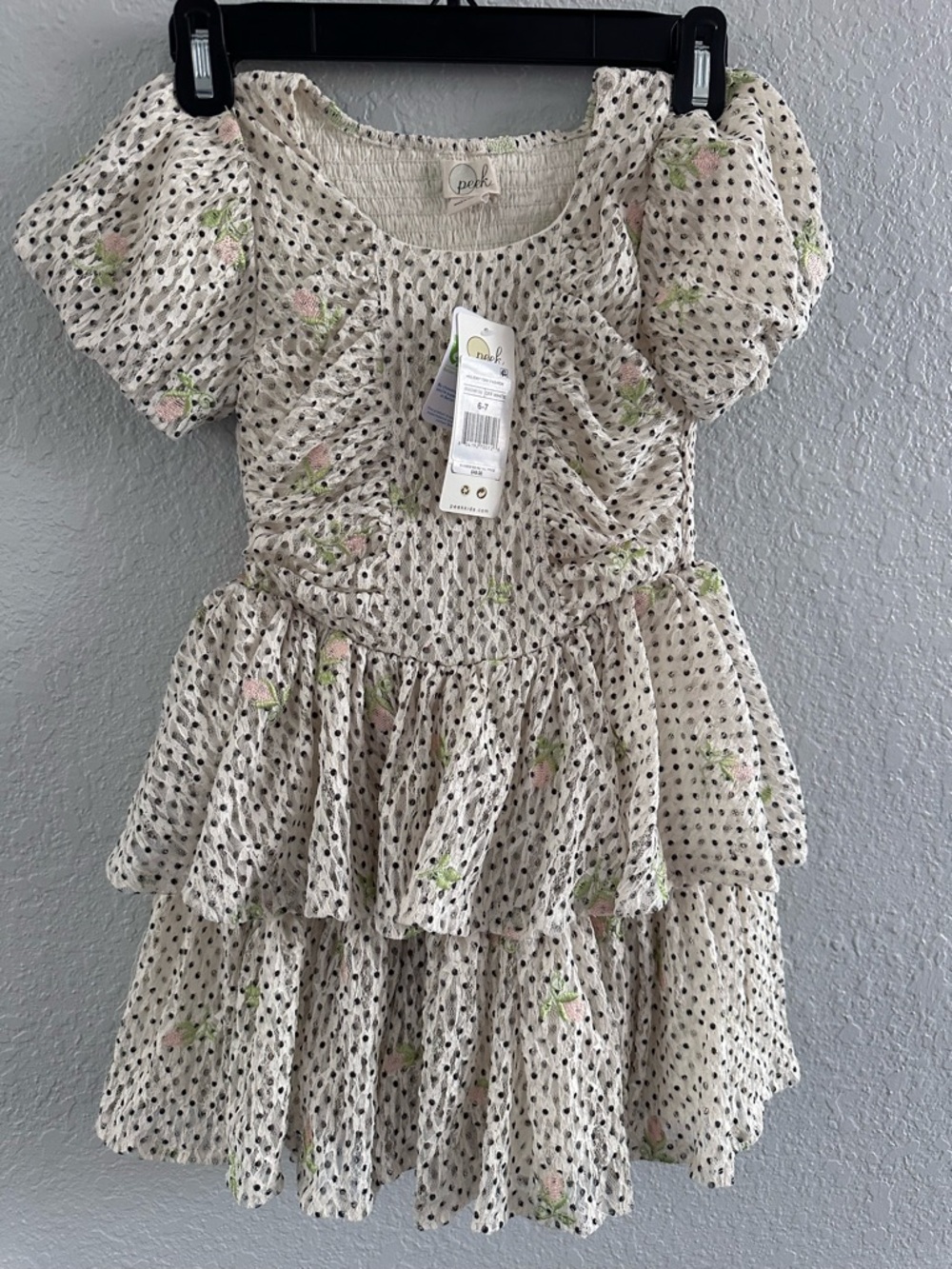 Peek Kids Girls Smocked Floral Dress 6/7 NWT Off White Polka Dot Embroidered